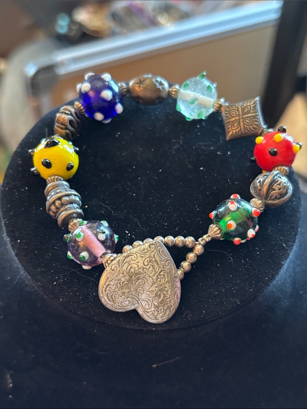 Danforth Pewter Multicolor Art Glass Beads Sterling Charm Heart Toggle Bracelet